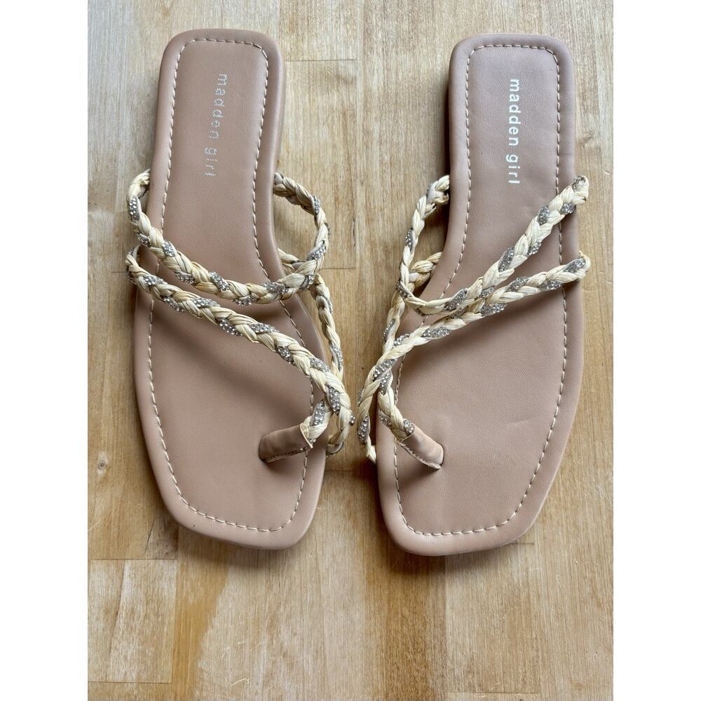 Madden Girl Raffia Rhinestone braided flat Strappy thong sandals Size 9.5 NWOB - Picture 3 of 6